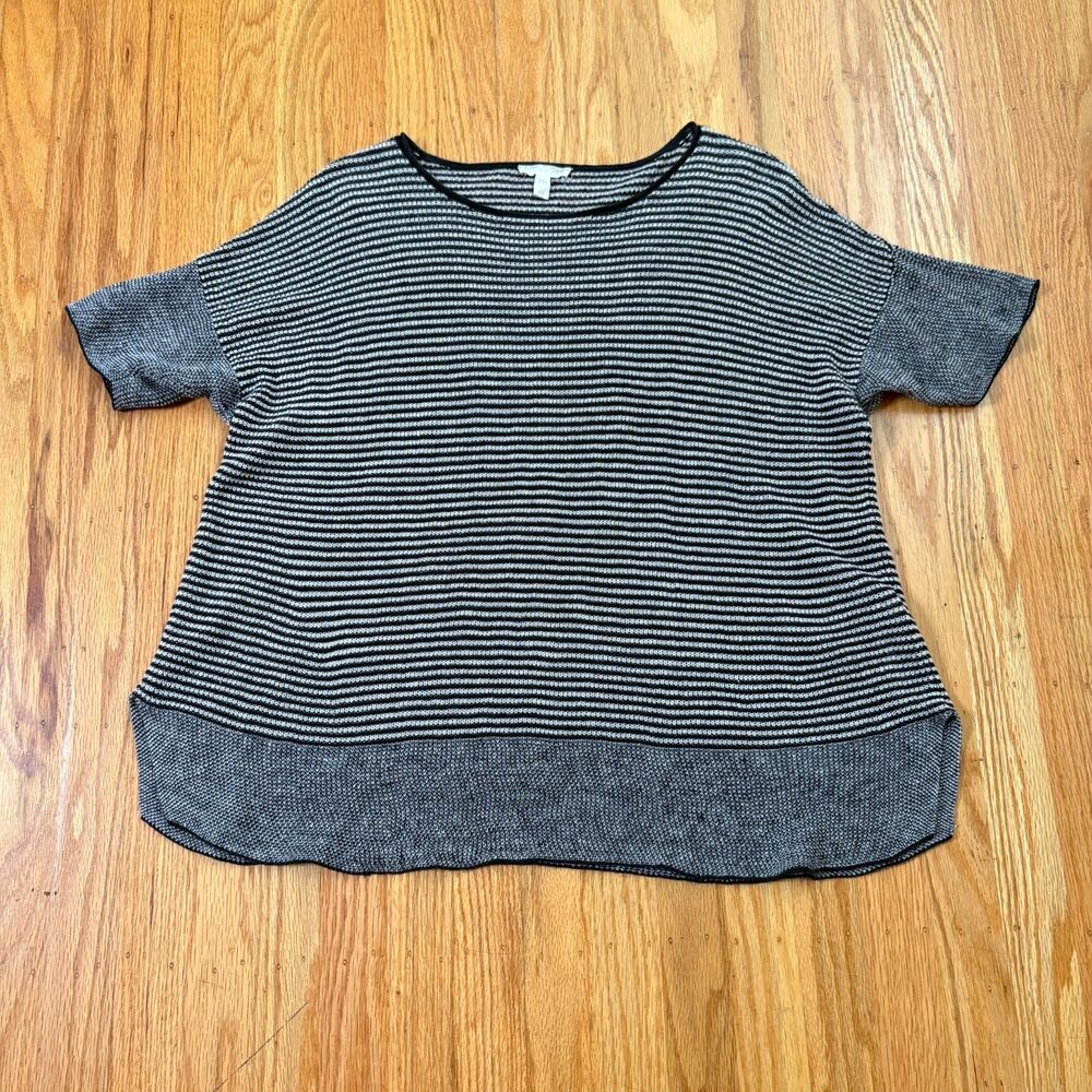 EILEEN FISHER Black White Boatneck Short Sleeve Woven Top Womens Size Large